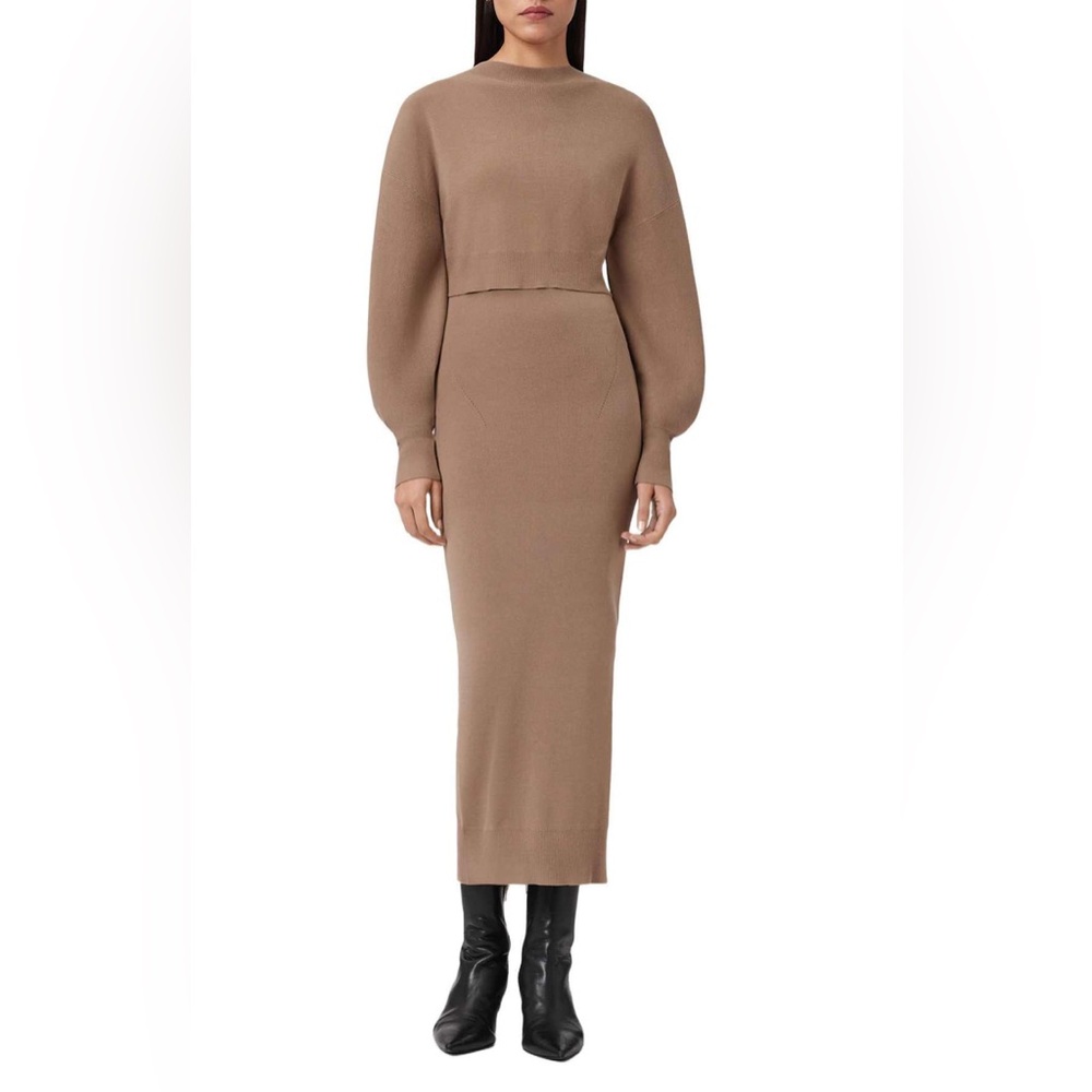 AllSaints Dina Blouson Sleeve Sweater & Knit Midi Dress Set Pine Bark Brown NWT